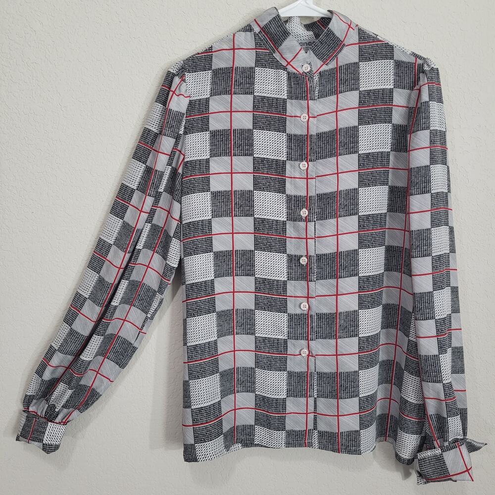 Vintage 80s Blouse Bianca Womens Large Puff Shoulder Black White Red Button up